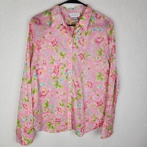 JONES NEW YORK Country Pink Cotton Floral Button Up Blouse XL